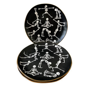 Eli + Ana Halloween Skeleton Namaste Yoga Dinner Plates 11" Set Of 4 Spooky New